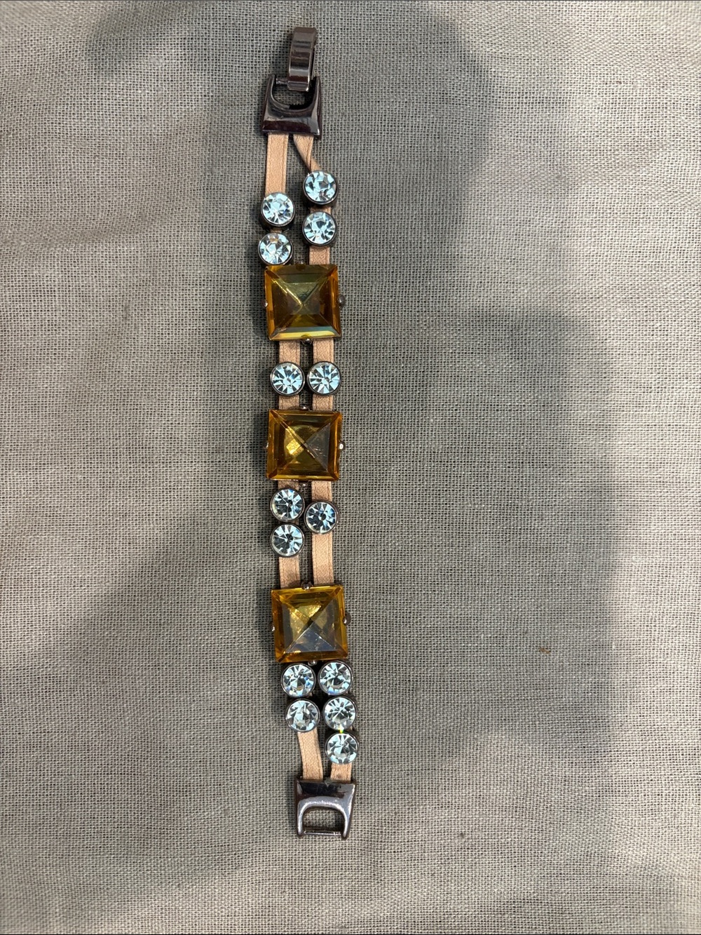 J. Crew Gold Tone Bracelet with sliding Amber and Clear Stones on Satin